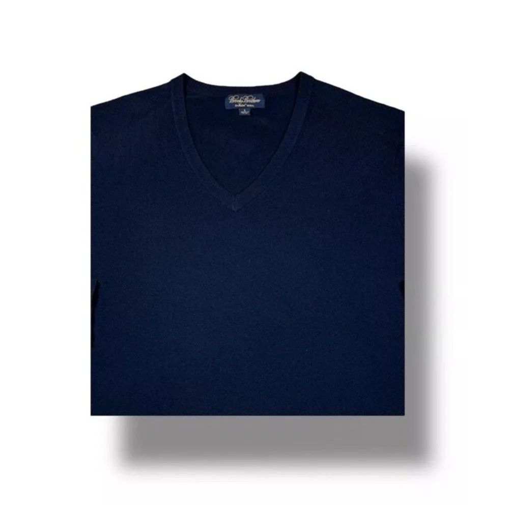 Brooks Brothers V Neck Wool Spandex Stretch Sweater M Navy L Prof Dry Cleaned